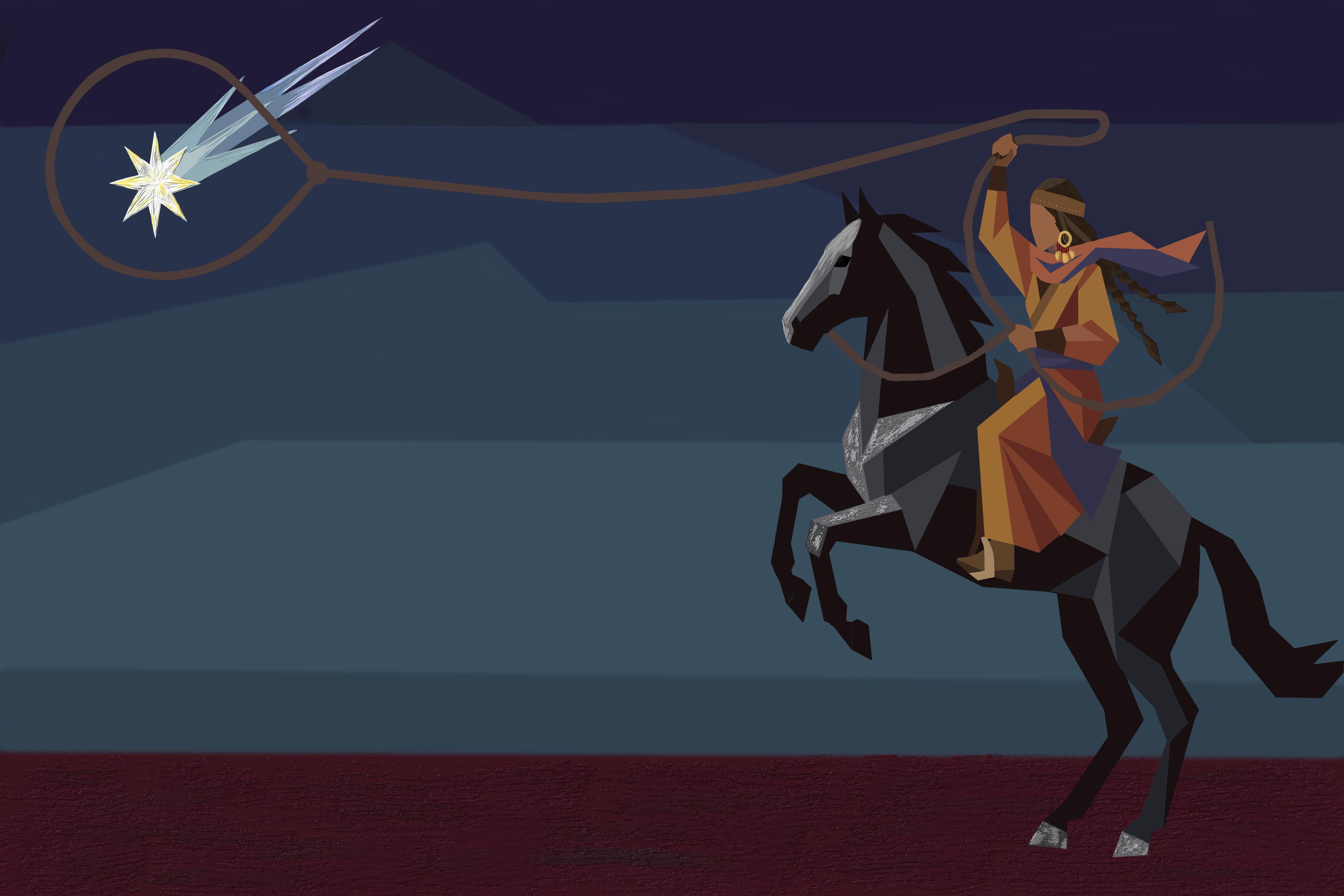Finished artwork A Wish, a rider reaching for a falling star